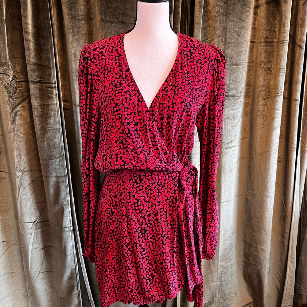 Free People Red Black Floral Wrap Mini Dress Long Sleeve Small NWT